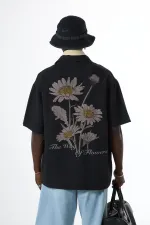 Yıkamalı Oversize Arka Baskılı Kısa Kol Cepsiz Gömlek Siyah