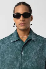 Yıkamalı Yazı Baskılı Oversize Kısa Kol Gömlek Nefti