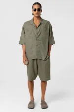 Double Pocket Oversize Linen Shirt Khaki