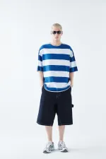 Dijital Baskılı Şeritli %100 Pamuk Oversize Tişört Saks