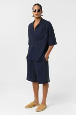Double Pocket Oversize Linen Shirt Navy Blue
