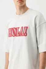 Yıkamalı Baskılı Oversize Tişört Açık Gri