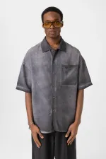 Yıkamalı Kısa Kollu Oversize Gömlek Siyah