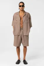 Oversize Keten Şort Vizon