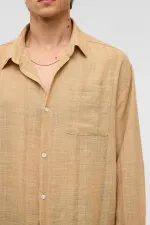 Chemise oversize rayée à manches longues en lin, couleur vison