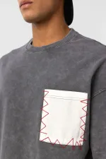 Yıkamalı Cep Detaylı Oversize Tişört Füme