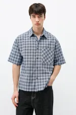 Chemise oversize à manches courtes à carreaux, bleue