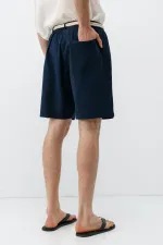 Kemerli Oversize Keten Şort Lacivert