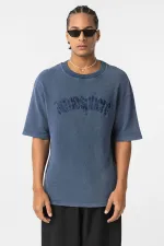 Yıkamalı Oversize Baskılı Tişört İndigo