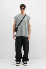 Baskılı Kolsuz Oversize Tişört Gri