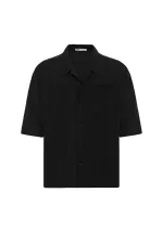 Çift Cepli Oversize Keten Gömlek Siyah