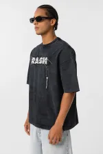 Yıkamalı Oversize Baskılı Tişört Siyah