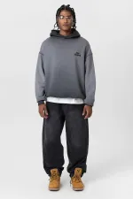 Premium Washed Oversize Hooded Sweatshirt with Text Detail, Black