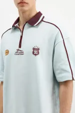 Fermuarlı Yaka Baskılı Oversize Tişört Bebe Mavi