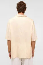 Oversize Striped Short-Sleeved Modal Fabric Shirt, Beige