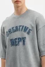 Yıkamalı Yazı Baskılı Oversize Tişört Gri