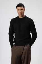 Oversize Soft Textured Crew Neck Sweater Black