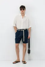 Kemerli Oversize Keten Şort Lacivert