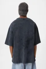 Yıkamalı Düğme Detaylı Oversize Tişört Siyah