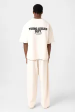 Label Detailed Oversize Modal Fabric Tracksuit Set, Ecru