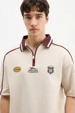 Fermuarlı Yaka Baskılı Oversize Tişört Taş