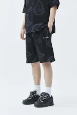 Oversize Desenli Şort Tişört Takım Siyah