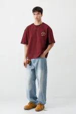 Kısa Kollu Boxy Fit Baskılı Tişört Bordo