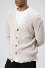 V Yaka Düğmeli Örgü Hırka Kazak Açık Taş