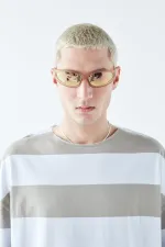 Digitally Printed Striped 100% Cotton Oversize T-Shirt, Khaki