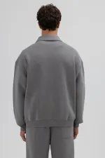 Oversize Fermuarlı Dik Yaka Sweatshirt Füme