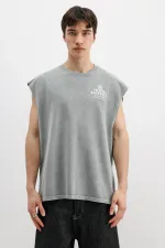 Baskılı Kolsuz Oversize Tişört Gri