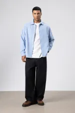 Dokulu Oversize Gömlek Ceket Bebe Mavi