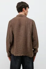 Dokulu Oversize Gömlek Açık Kahve