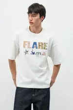 Baskılı Oversize Tişört Ekru