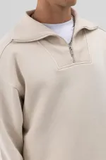 Basic Zip-Up Stand-Up Collar Sweatshirt Stone