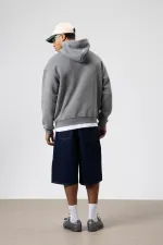 Oversize Yıkamalı Baskılı Kapüşonlu Sweatshirt Füme