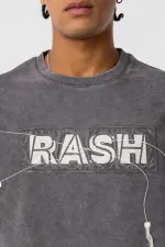 Yıkamalı Oversize Baskılı Tişört Füme