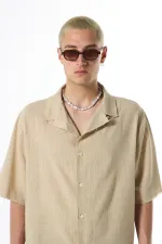 Dikişsiz Kısa Kol Cepsiz Oversize Keten Gömlek Bej