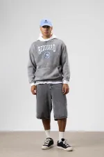 Oversize Baskılı Kapüşonlu Sweatshirt Gri