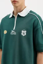 Fermuarlı Yaka Baskılı Oversize Tişört Nefti