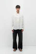 Çizgili Oversize Gömlek Ekru