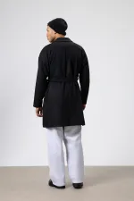 Kemerli Oversize Kaşe Kaban Siyah