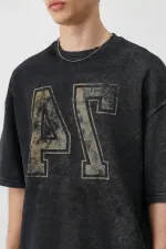 Yıkamalı Baskılı Oversize Tişört Siyah