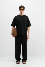 Fitilli Dokulu Baggy Eşofman Alt Siyah