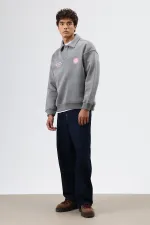 Polo Yaka Oversize Baskılı Yıkamalı Sweatshirt Füme