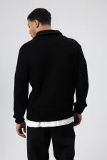 Oversize Fermuarlı Triko Hırka Siyah