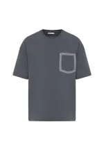 Bisiklet Yaka Cepli Oversize Tişört Füme