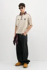 Fermuarlı Yaka Baskılı Oversize Tişört Taş