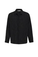 Oversize Çizgili Uzun Kollu Gömlek Siyah