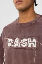 Yıkamalı Oversize Baskılı Tişört Kahve